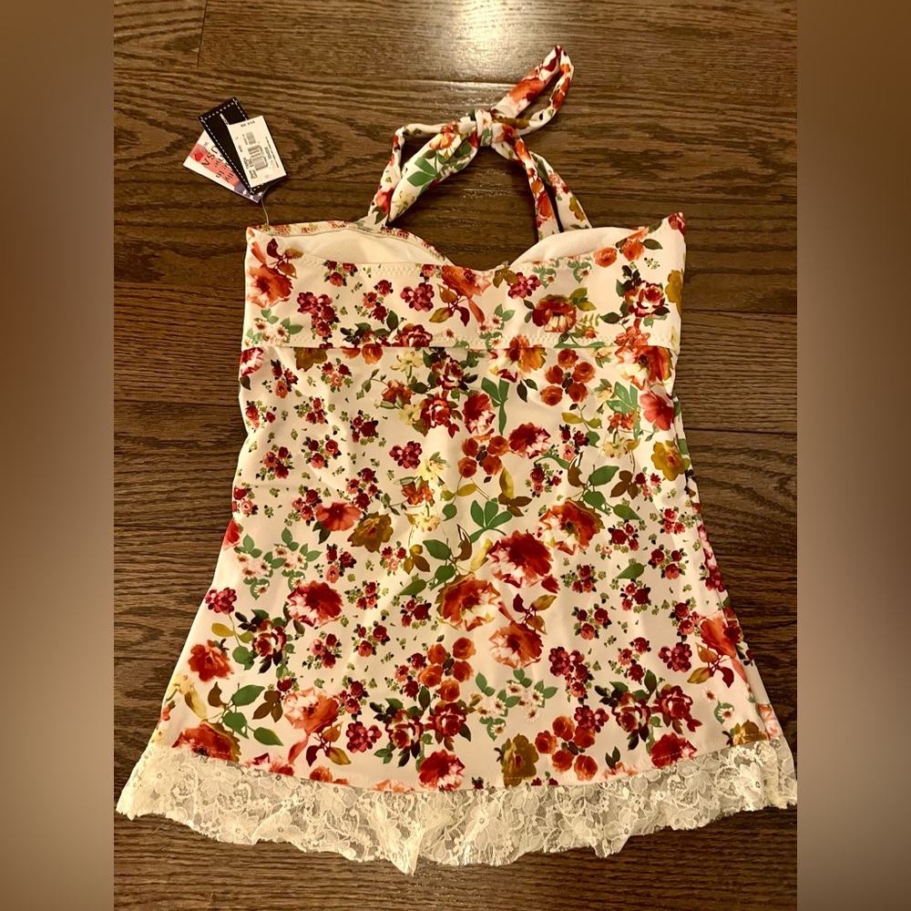 Floral Halter Swim Top with Lace Trim NWT